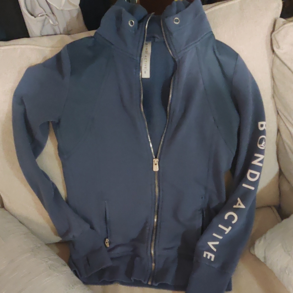 Bondi Active Blue Long Sleeve Logo Zip-Up Hoodie Yoga Jacket With Pockets Size 8